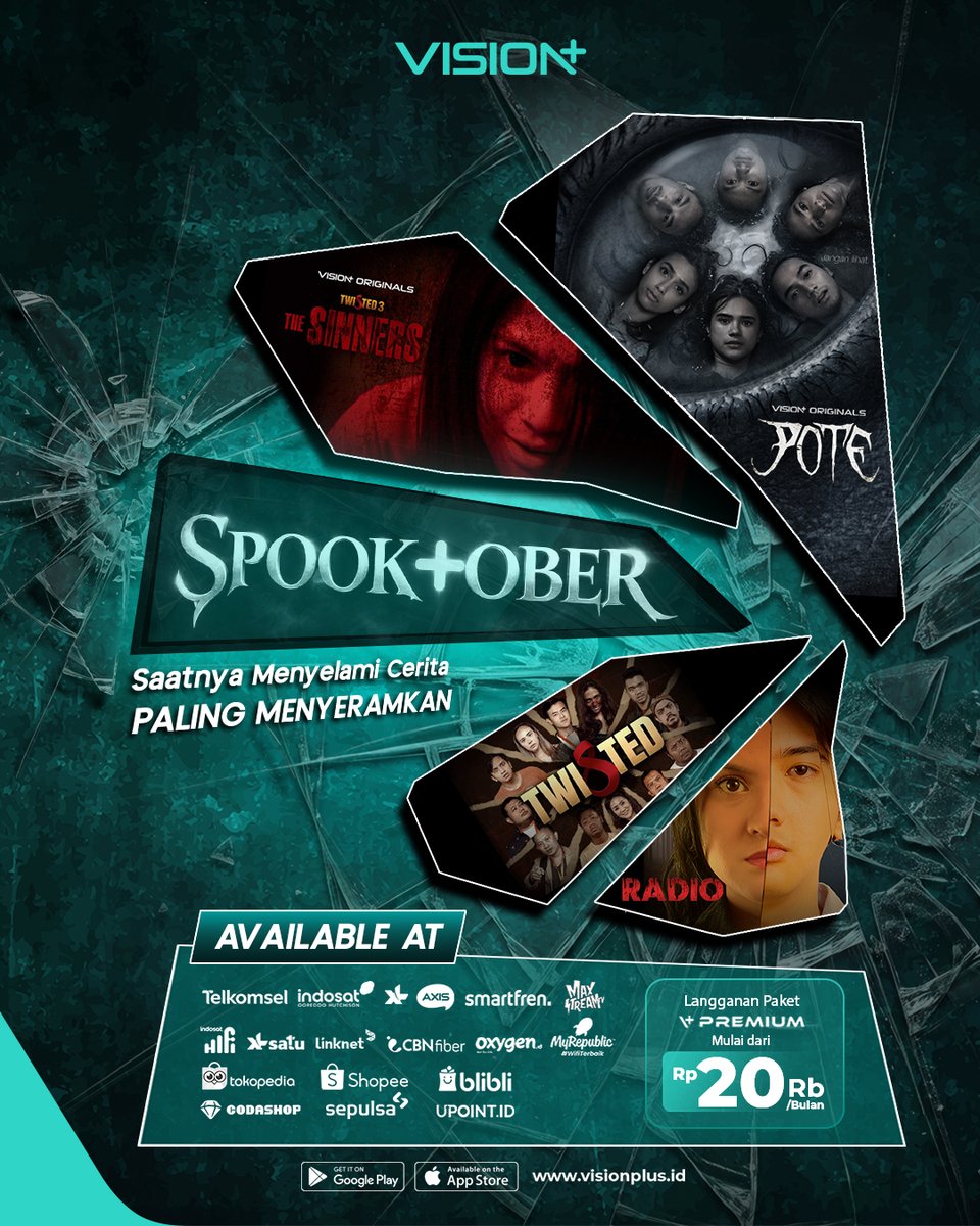 visionplusid's tweet photo. 👻 SPOOKTOBER hadir di Vision+!

Bulan Oktober ini, saatnya masuk ke dunia penuh misteri, ketegangan, dan cerita yang siap bikin kamu merinding. Saksikan deretan tayangan horror pilihan seperti Pote, Twisted: The Sinners, Radio, hingga Twisted, Original Series Horror di Vision+! 🕷️

🕯️ Saatnya Menyelami Cerita Paling Mencekam dan temukan berbagai kisah penuh rahasia, teror, dan kejutan yang siap menemani malam-malam kamu.

🔥 Akses Vision+ lewat aplikasi pilihanmu:
MyTelkomsel • Indosat • MAXstream • myIM3 • XL • AXIS • Smartfren • IndiHome • XL SATU • CBN Fiber • Oxygen • MyRepublic • Tokopedia • Shopee • Blibli • Codashop • Sepulsa • UPOINT

Satu bulan, banyak cerita mencekam. Berani menyelami sisi gelapnya? Pilih Vision+. 🔥

#VisionPlus #Pote #TwistedTheSinners #Radio #Twisted