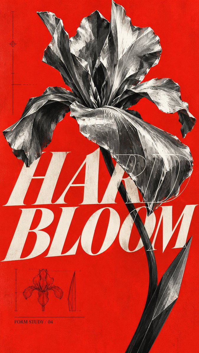 VigoCreativeAI's tweet photo. VISUAL OS 094

Red field, gray painted subjects, giant italic serifs.

CUT SILENCE — a conductor's baton slicing the red.
WING LOAD — a steel raven opening its wings.
RISE ABOVE — a stair hung on one steel spine.
HARD BLOOM — an iris folded from sheet metal.

Prompt below ↓ https://t.co/2V7oTRtkY0