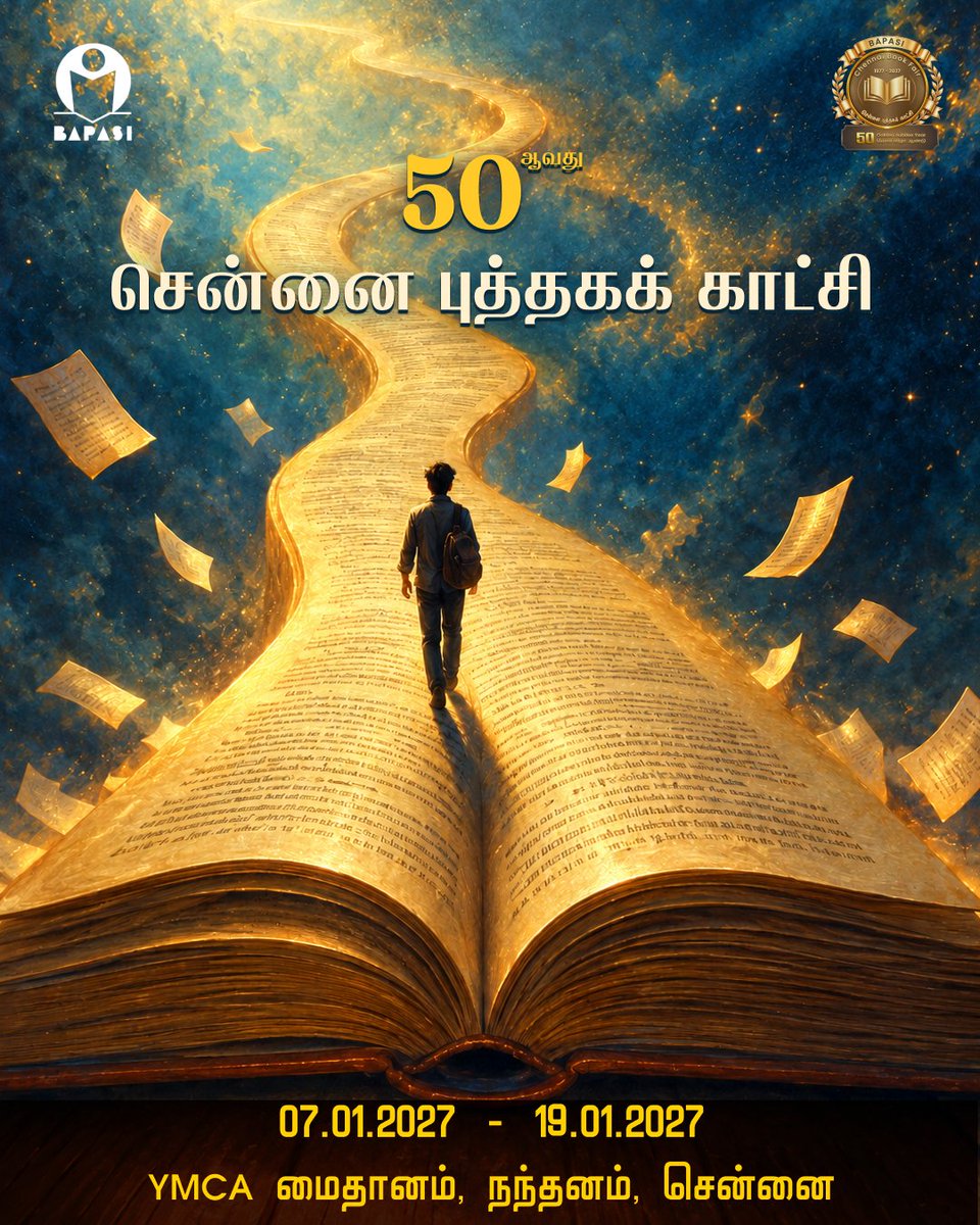 bapasichennai's tweet photo. 50ஆவது  சென்னை புத்தகக் காட்சி 2027

#BAPASI #50thChennaiBookFair #ChennaiBookFair #GoldenJubileeYear #CBF50 #CBFJanuary2027 https://t.co/q9e50FenKO