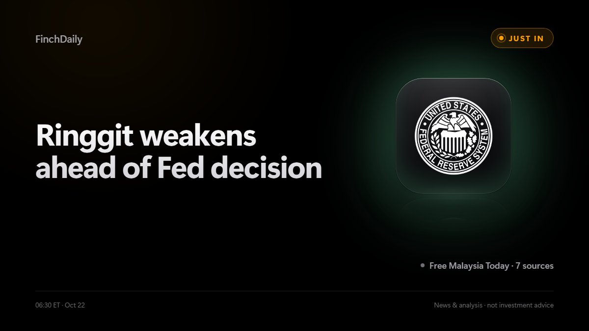 finchdaily's tweet photo. #Ringgit softens against the dollar as traders await the #Fed's next move, per Free Malaysia Today.
Currency shifts often signal changing expectations about US rate policy. https://t.co/Gw0txTFoN4