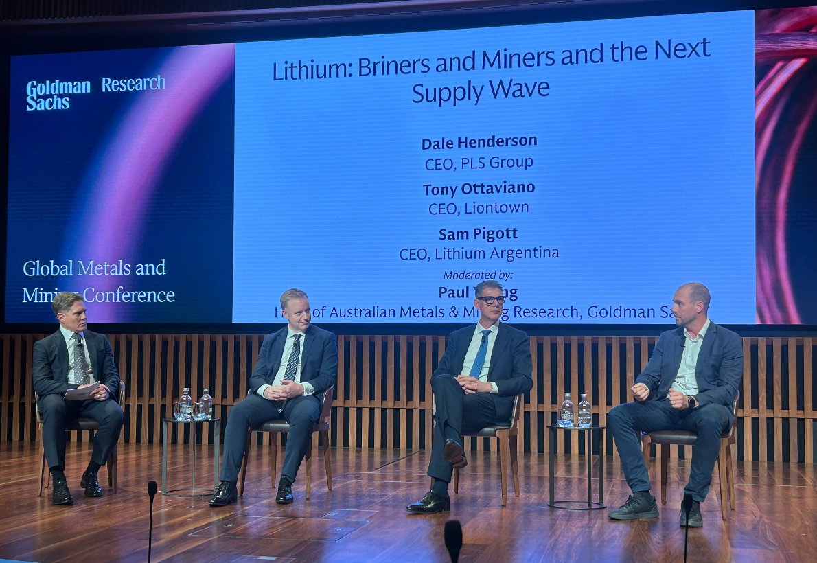 Lithium_ARG's tweet photo. Our CEO Sam Pigott joined industry peers at the @GoldmanSachs Global Metals and Mining Conference to discuss brine and hard-rock supply and where the next wave of lithium production will come from. Thank you to Paul Young for moderating a great discussion.

$LAR #LithiumArgentina #CriticalMinerals