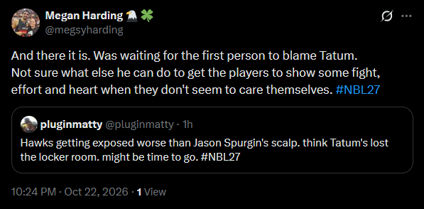 pluginmatty's tweet photo. Tatum's used three different starting five in the past three games, despite no injury to the players affected. 

Martin, Patterson, and Narkle's roles are all fluctuating wildly, and their confidence appears to be shot as a result. 

that's all down to coaching. #NBL27 https://t.co/WrRXjyBqqC