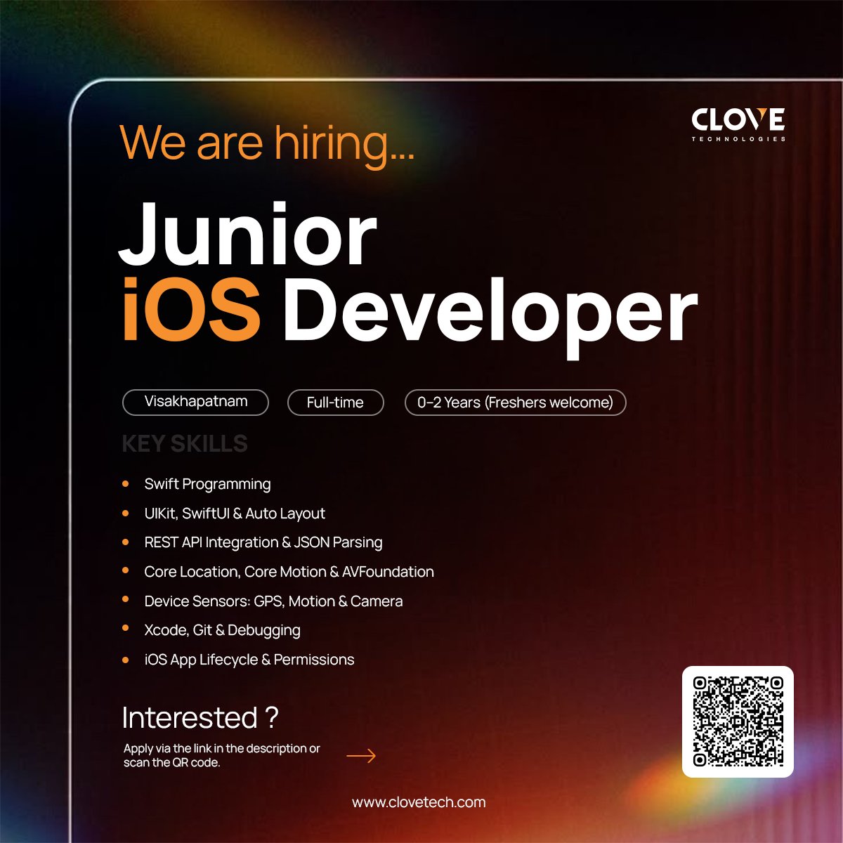 clovetech_offl's tweet photo. We’re hiring a Junior iOS Developer!

📍 Visakhapatnam | Full-time
💼 0–2 years

Skills: Swift, UIKit/SwiftUI, REST APIs &amp; device sensors.

Freshers with hands-on iOS projects are welcome.
Apply: [https://t.co/R8YculsLXF]
#Hiring #iOSDeveloper #Visakhapatnam https://t.co/NM1Sugq2Sb