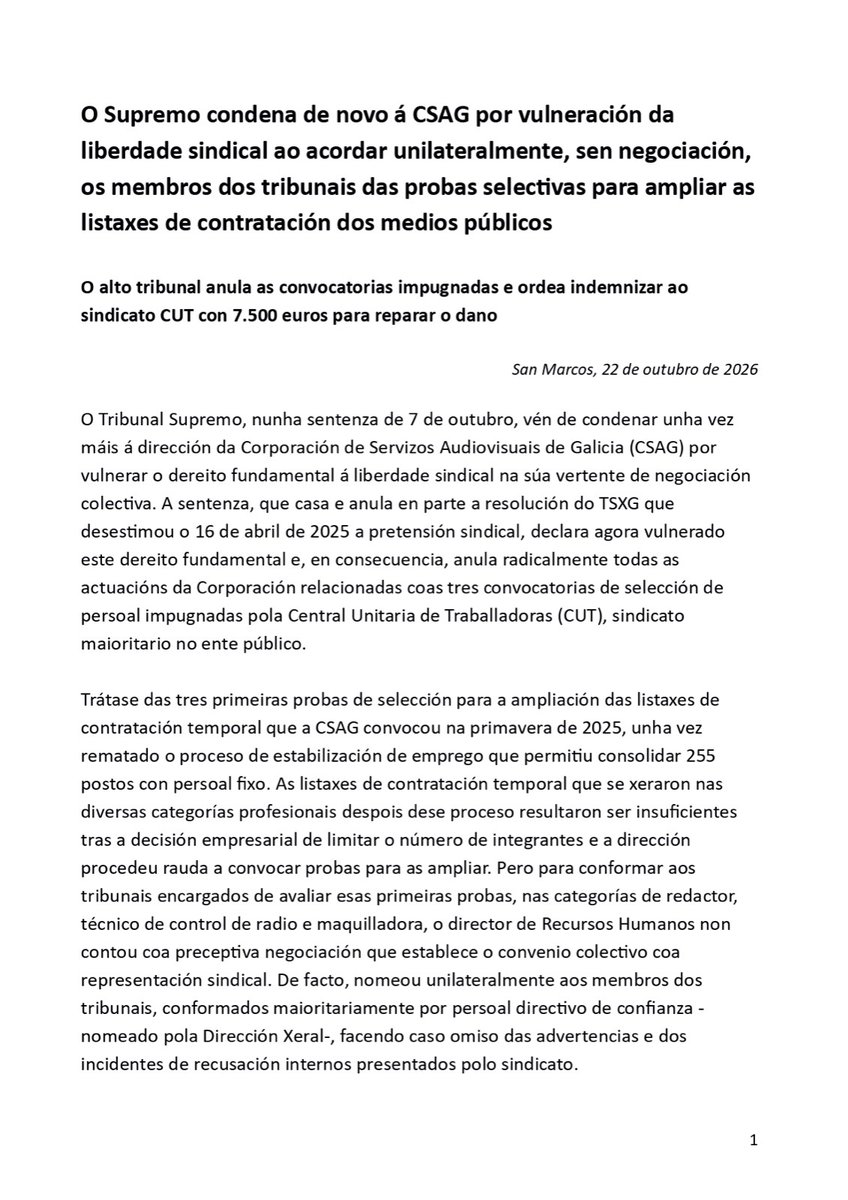 CrtvgCut's tweet photo. 🚨 O Supremo condena á #CSAG por vulneración da #liberdadesindical ao acordar sen negociación os membros dos tribunais das probas de ampliación de listaxes de contratación💪🏽 https://t.co/rtDMysYLgH