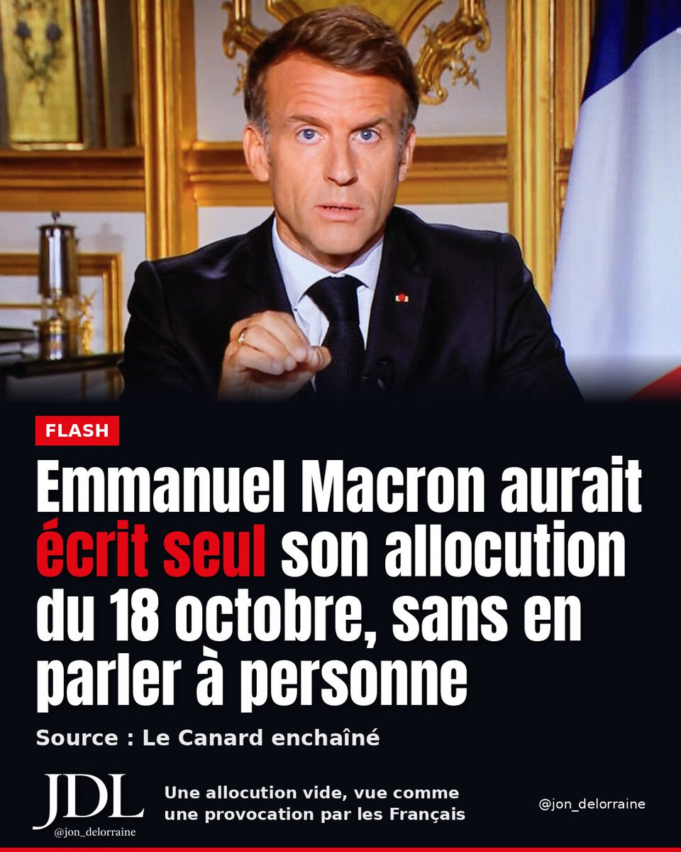 jon_delorraine's tweet photo. 🔴🇫🇷 FLASH - Emmanuel Macron aurait ecrit tout seul son allocution du 18 octobre sans rien dire à personne. (Canard enchaîné)

Allocution où il n’a rien dit, ce qui a été vu comme une provocation par beaucoup de Français. https://t.co/FWYNZ6Tz3M