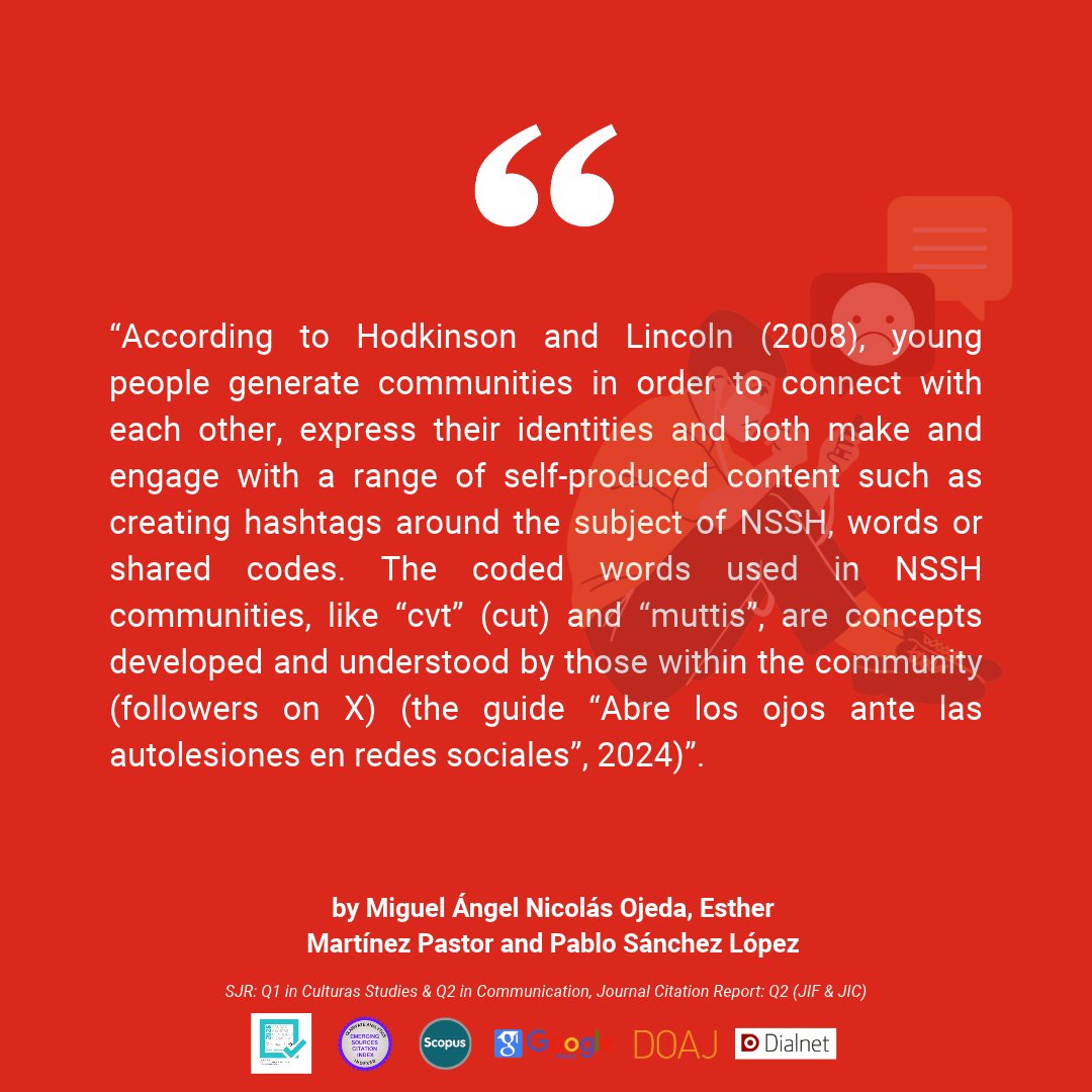 JournalCommSoc's tweet photo. 📄"Digital communities and non-suicidal self-harm (NSSH): young people’s languages on the X social network" by Miguel Ángel Nicolás Ojeda, @empastor and @Pablopaniego

🔍 https://t.co/UqnZfBa8ry

#OpenAccess #Communication #Academic #DigitalNarratives #Adolescents #SocialMedia https://t.co/6Eqwokwu1s