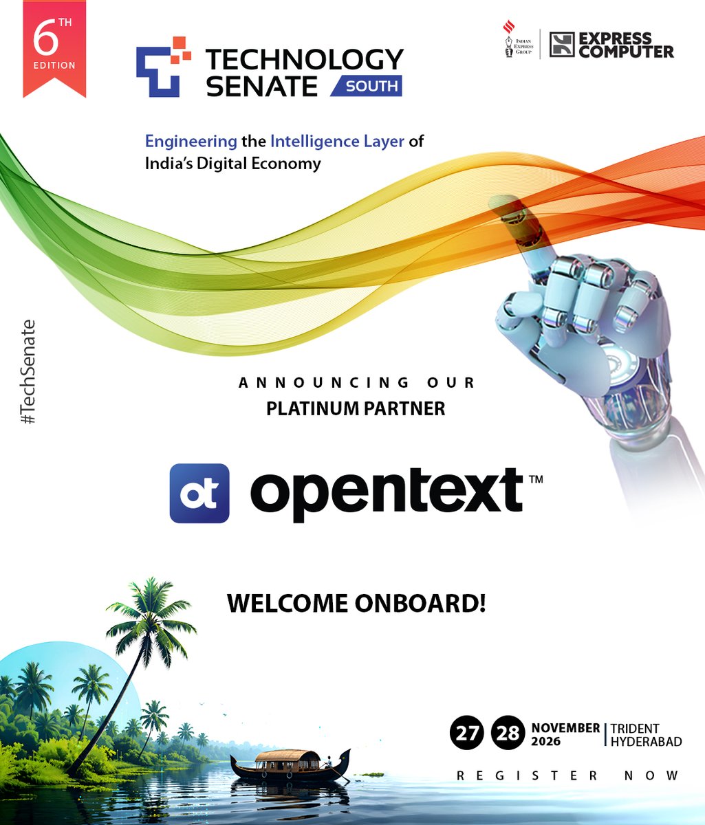 ExpComputer's tweet photo. We’re delighted to welcome @OpenText as the Platinum Partner for #TechSenate South.
As enterprises accelerate their AI and digital transformation journeys, the ability to manage, secure and harness information effectively is becoming a strategic advantage.
#OpenText joins Technology Senate South as we bring together enterprise technology leaders to exchange insights and explore the innovations shaping the future of AI, information management and digital transformation.
OpenText @Technology Senate South
Powering information. Empowering innovation.
📝 Register Now: https://t.co/sFjH3zSbQa
📅 27th - 28th November 2026
📌 Trident Hotel, Hyderabad
@srikrp @NivedanPrakash @AparnaTawade @H_Y_DESAI