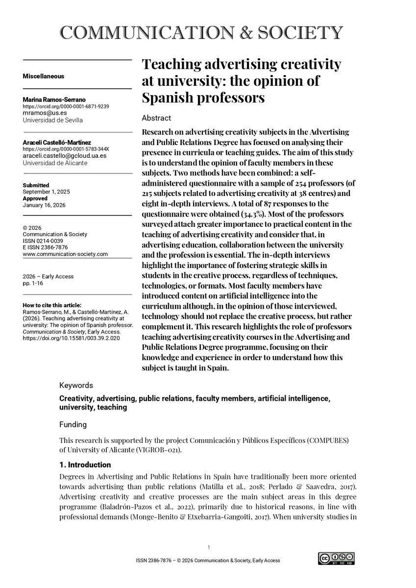 JournalCommSoc's tweet photo. 📄"Teaching advertising creativity at university: the opinion of Spanish professors" by @marinota and Araceli Castelló-Martínez.

🔍 https://t.co/HJ4ZK7AjZg

#OpenAccess #Communication #Academic #University #Education #Advertising https://t.co/2LNFJM31y7