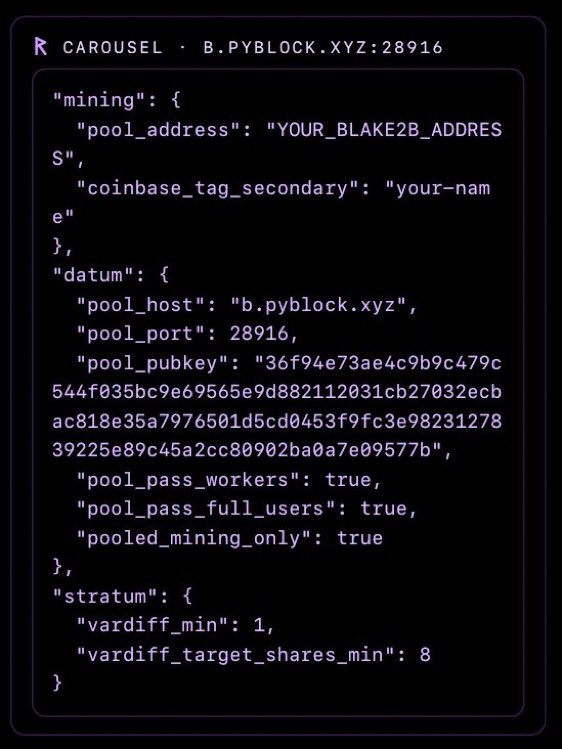 _PyBlock_'s tweet photo. Be PyBLØCK.

Run your Node. (Knots and/or Plumb)
Connect your Datum to our Prime.
Mine your own Templates.
Select one, two or our 3 Splits.
CHIRP, CAROUSEL, WAVICLES.
Use our SV1s ONLY as a Failover.
Skip the Penalty. (77%)

Be PyBLØCK, be Happy.

(Link in BIO)

#XBT #BLAKE2b https://t.co/T1DD2X94Od
