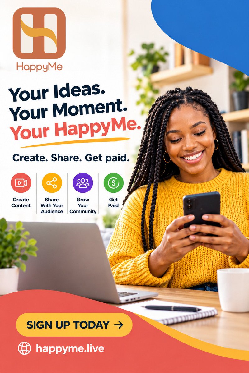 HappyMeGlobal's tweet photo. Your ideas deserve to be seen!

Ready to create, share and explore new possibilities? 

Meet HappyMe. Take the next step and discover what you can do.

Create. Share. Get paid.

Sign up today: https://t.co/oljeafvJJx

#HappyMeLive #CreateShareGetPaid #JoinHappyMe https://t.co/CPrprC3wsQ