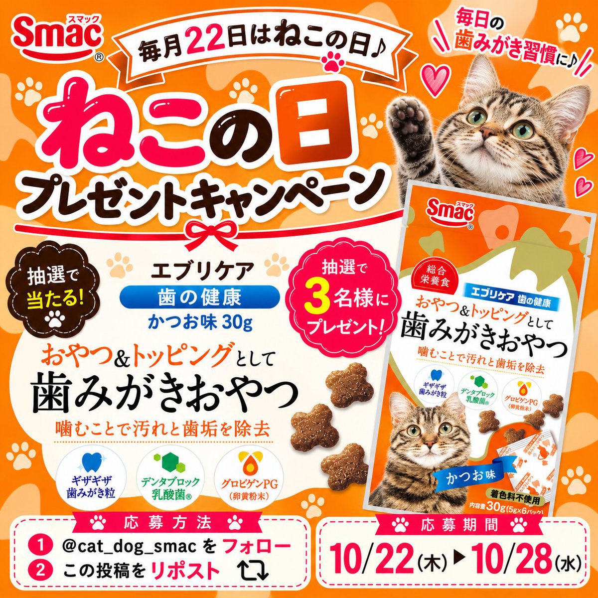 cat_dog_smack's tweet photo. /
毎月22日はねこの日プレゼント🐶
\

今月は愛猫の口内環境を考えた製品
『エブリケア 歯の健康 CAT かつお味 30g』
を3名様に🎁
おやつ＆トッピングとして、ギザギザ歯磨き粒を噛むことで愛猫のデンタルケアができるフードです。
お口の健康に配慮して、デンタブロック乳酸菌®、グロビゲンPG（卵黄粉末）を配合し健康を維持することで免疫力を保ちます。
総合栄養食なので毎日の主食としても与えていただけます。
グルメな愛猫にも大満足のかつお味。
※デンタブロック乳酸菌®は株式会社キティーの登録商標です。

■応募方法
1️⃣@cat_dog_smackをフォロー
2️⃣本投稿をリポスト
■〆切
10/28（水）23:59