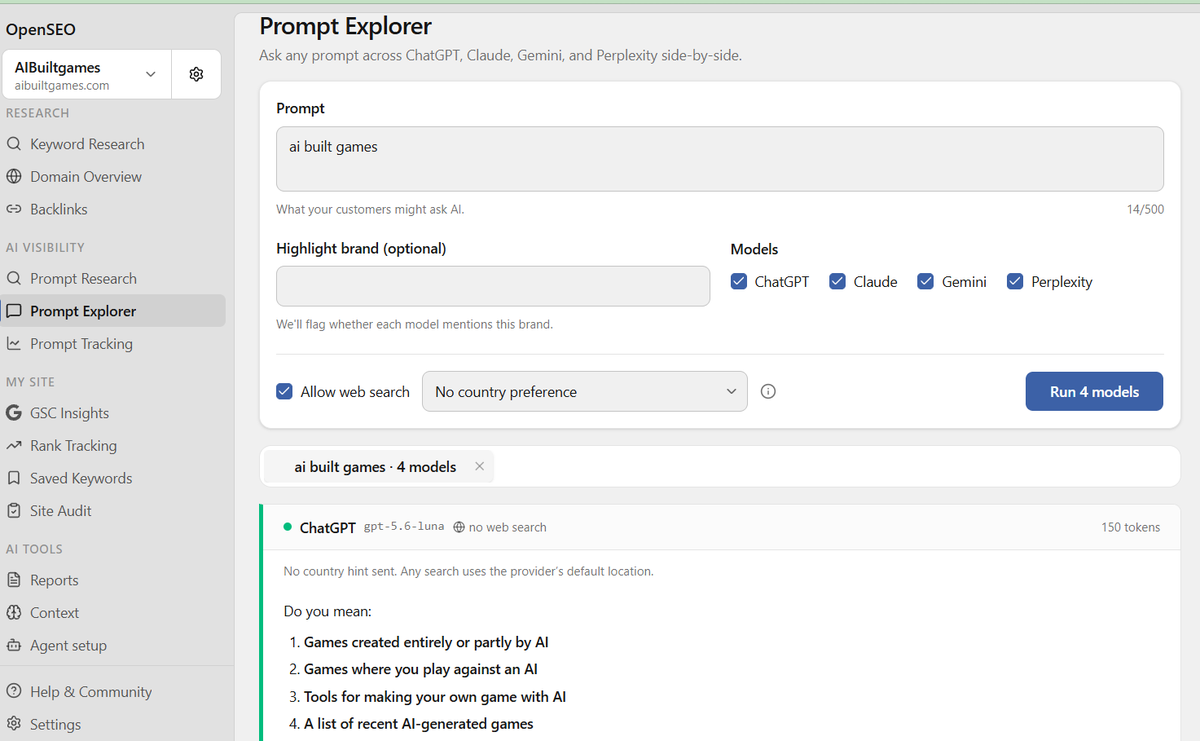 rrmdp's tweet photo. Now I've set up the AI Visbility feature of @openseo_so

(helps you choose questions to track and see whether AI answers mention your brand) 

it's very easy:

1. get an @OpenRouter API key
2. set it to the env var OPENROUTER_API_KEY
3. deploy

and then you get:

> Prompt Research
> Prompt Explorer
> Prompt Tracking
 - Prompts
 - Competitors
 - Citations

Crazy they open sourced this AMAZING SEO / AIO tool