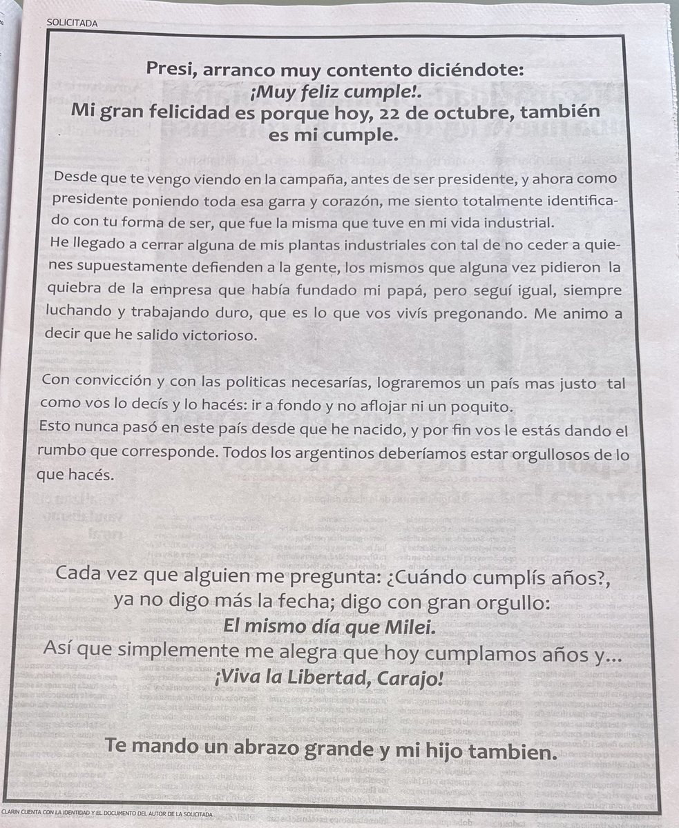 Csofianunes's tweet photo. Carta al presidente Milei. La publicó Clarin y él la publicó en su cuenta de IG. 
¿La leyeron? https://t.co/KpB6vUFAoh