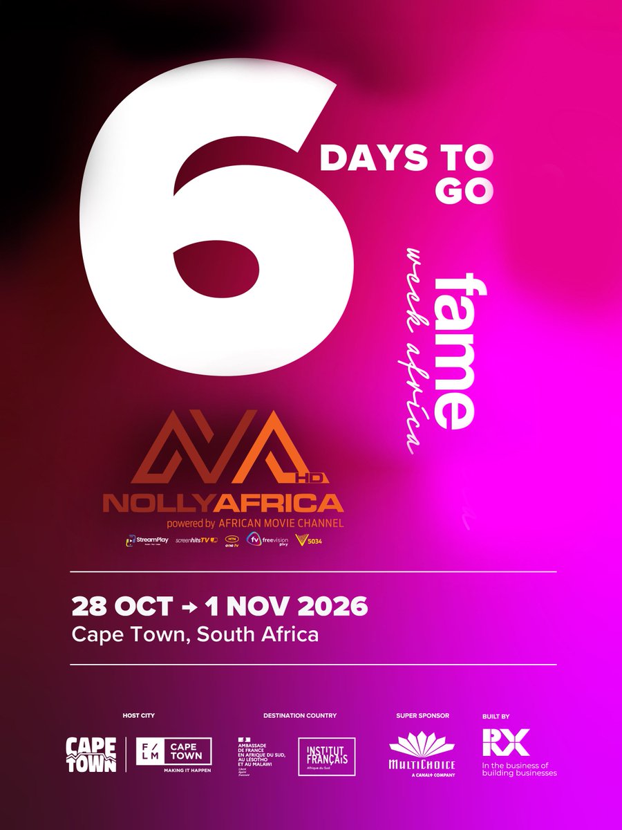 AMCChannels's tweet photo. 6 DAYS TO GO

FAME Week Africa brings together the biggest names in entertainment, connecting creatives with industry leaders and global opportunities🎬✨

📍 Cape Town
📅 28 Oct - 1 Nov 26
🎟️ Register via @fameweekafrica bio

#FAMEWeekAfrica #AfricanCreatives #AfricanStories https://t.co/3qseY0Xj5J