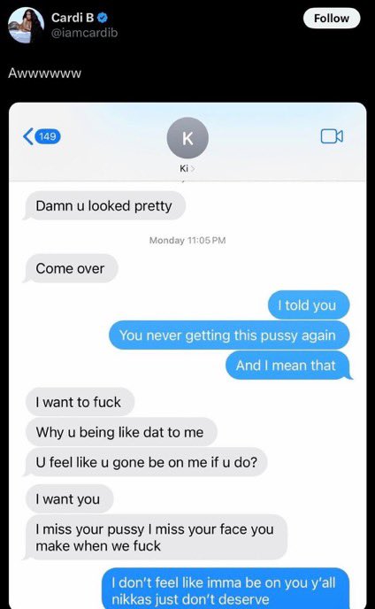 topsytpff's tweet photo. Throwback to when Cardi B leaked alleged texts with Offset

"I told you, you never getting this p*ssy again"😭😭😭 https://t.co/ja2EHYZ3kb
