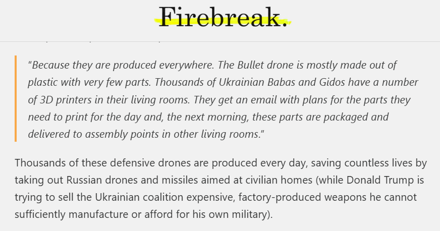 zaruk's tweet photo. Patriot missiles are expensive and in short supply.
Ukrainians are developing the Bullet Interceptor drone for pennies on the dollar to take out Shahed drones.
This 3D-printed plastic drone, mass produced in living rooms, is protecting civilians.
Plastics!
https://t.co/dBpA2Jcsmu https://t.co/Ceo0Hm67OS