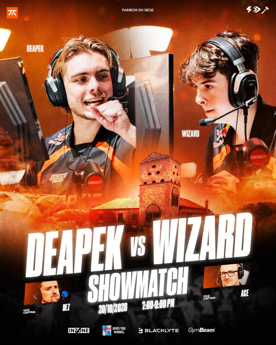 FNATIC's tweet photo. Showmatch time! Our R6 boys Deapek and Wizard, alongside caster duo Dez and Ace, are facing off in a community showmatch on the reworked Villa October 30th.
 
Now, we’re looking for six fans to join them in the battle. Fancy taking your place on the server? Apply here: https://t.co/iACxSM9odS