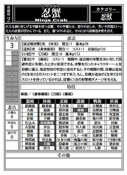 shinobigami_bou's tweet photo. すみません。割り付けミスがありました。
修正した画像をアップします。
特技の得意分野は「体術」が正しいです。
【這剣】のタイプは「攻」が正しいです。 https://t.co/HONC0R6tgH