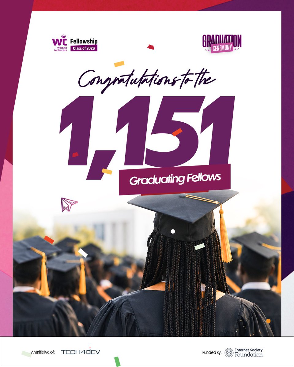 Tech4DevHQ's tweet photo. IT’S GRADUATION DAY! 🎓

Congratulations to the Women Techsters Fellowship Class of 2026!

Today, we celebrate 1,151 Fellows who have reached the finish line of a year-long journey of intensive learning, building, assessments, projects, mentorship and professional development.

Across eight learning tracks, our Fellows developed technical and practical AI skills, applied their knowledge to real-world challenges and built the professional skills needed to pursue opportunities across employment, freelancing and entrepreneurship.

To our graduating Fellows, today we celebrate your hard work and how far you have come. As you move beyond the Fellowship, we believe you are equipped to put your skills to work, embrace new opportunities, build successful careers and contribute solutions to problems that matter.

Congratulations, Class of 2026! Today is your day, and we are incredibly proud of you. 🎓🎉

@ISOC_Foundation 

Class of 2026, how are we feeling today? Drop an emoji that describes your mood! 👇

#WomenTechstersFellowship #WTFClassof2026 #Tech4Dev #WomenInTech #Graduation2026