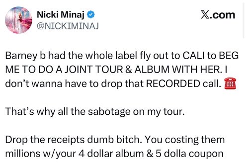 marnixample's tweet photo. she wasn’t inspired by Nicki but wanted to do an whole joint tour and album mind you. 💀 https://t.co/7ZcRBA1DW9