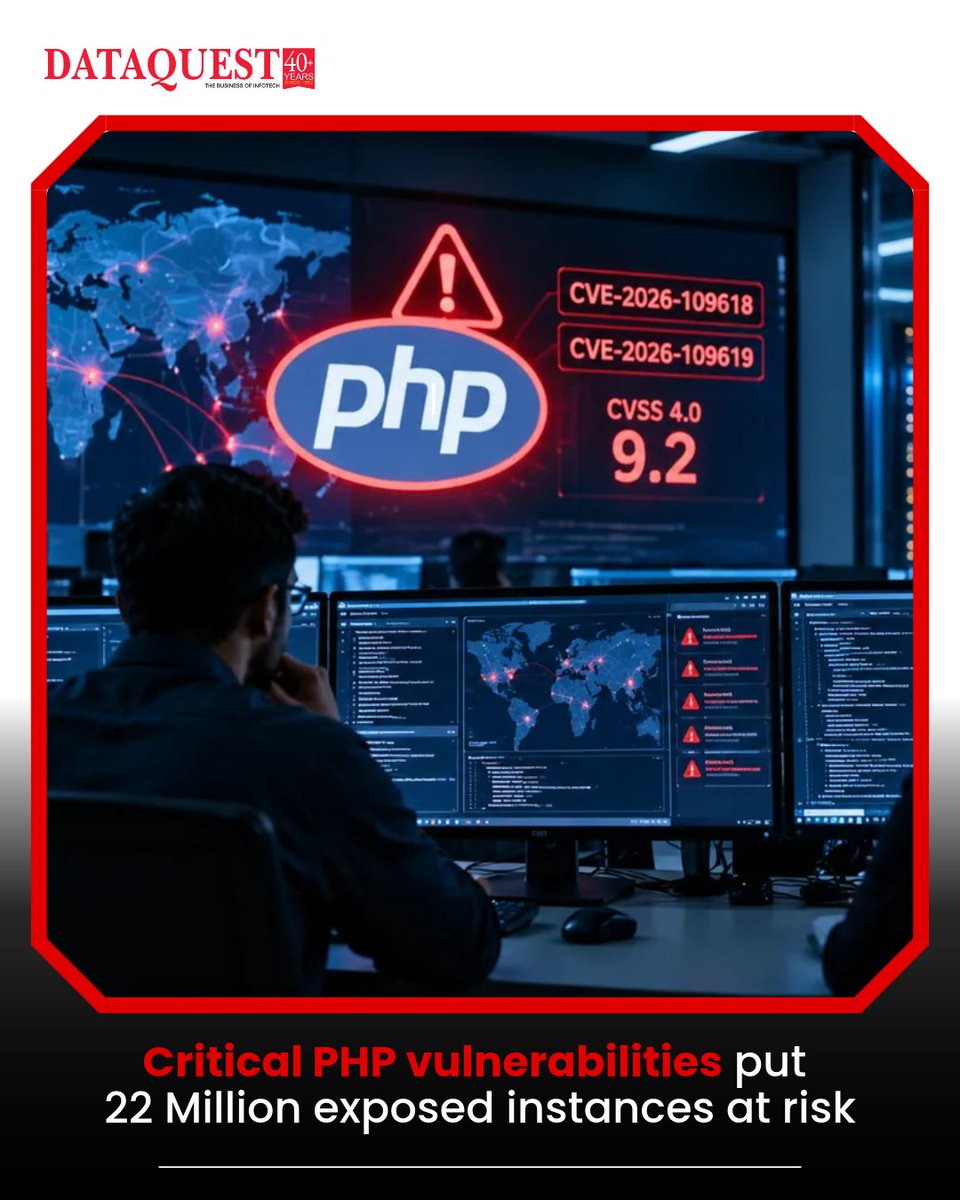 dataquestindia's tweet photo. Critical PHP Flaws Put 22 Million Instances at Risk

Two PHP vulnerabilities rated 9.2 on the CVSS scale could allow unauthenticated remote code execution, with an estimated 22 million internet-facing instances potentially exposed.

Read More: https://t.co/9SKMmTejHh

#Dataquest https://t.co/Ec1DniIVuN