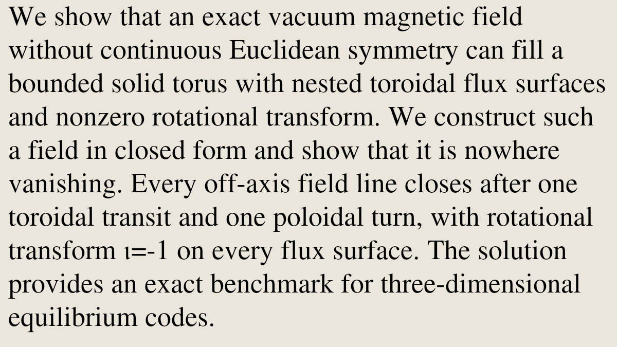 VPHM's tweet photo. Exact nonsymmetric vacuum magnetic field with nested toroidal flux surfaces and nonzero rotational transform

Omar E. López
https://t.co/99ps9wraxX [𝚙𝚑𝚢𝚜𝚒𝚌𝚜.𝚙𝚕𝚊𝚜𝚖-𝚙𝚑] https://t.co/cTbCjWHHZv