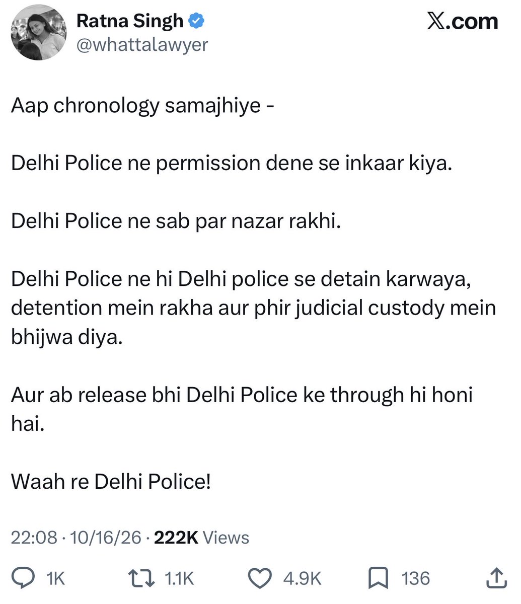 Iyervval's tweet photo. This after she assured the SEM she would not malign the court. Excellent. Cc @DelhiPolice https://t.co/gfjFmoZVog