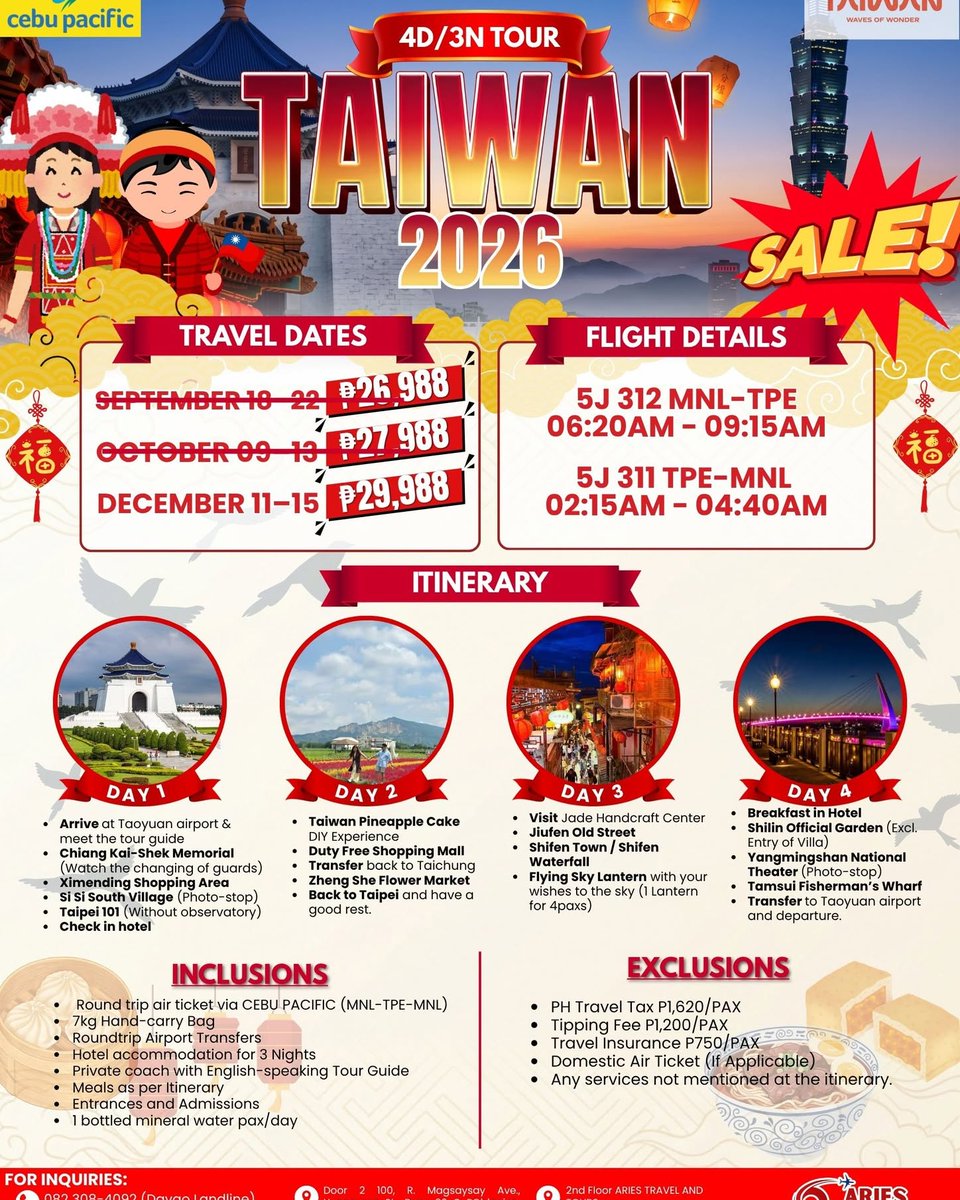 aledivagonzalez's tweet photo. Gusto niyo mag-Taiwan? Habol na! Available pa ang December 11–15, 2026. Spend your December in Taiwan for only ₱5, 000 downpayment. I-secure na ang slot ninyo sa Aries Travel and Tours. https://t.co/pAQ9g3sJ4H