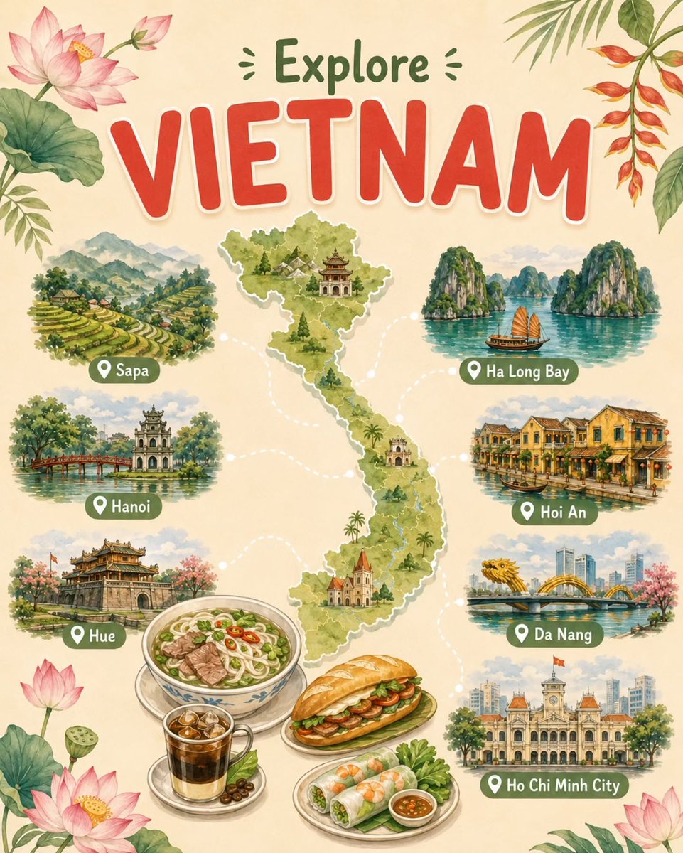 juancar12218697's tweet photo. Vietnam is full of unforgettable places, flavors, and experiences. From Hanoi and Hoi An to Da Nang, Ha Long Bay, and Ho Chi Minh City, every stop feels unique. Which would you visit first? https://t.co/aPkudlvGut