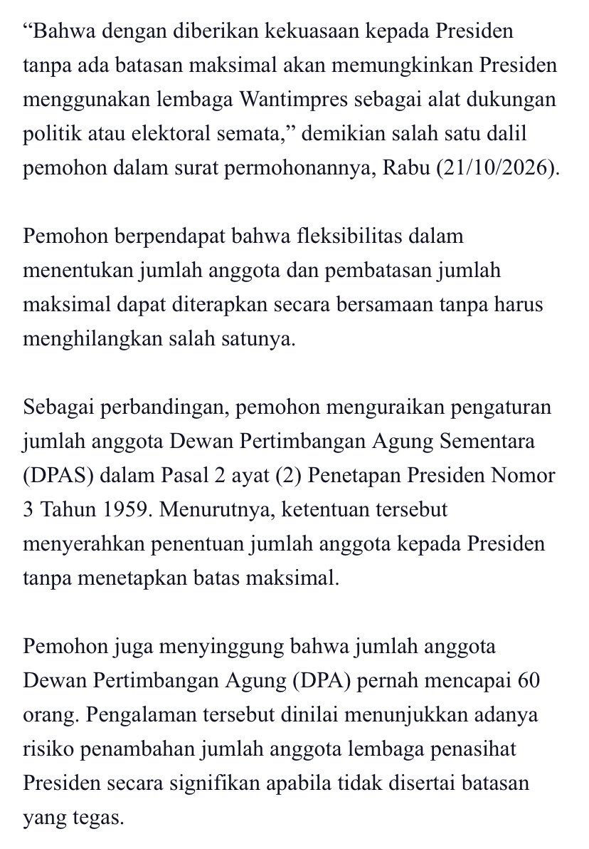 jenostalker's tweet photo. BREAKING NEWSS ‼️‼️

UU Wantimpres Digugat ke MK ‼️
Usul batas maksimal anggota 9 orang.
Sidang perdana 26 Oktober 2026. https://t.co/AV2FW7mppk