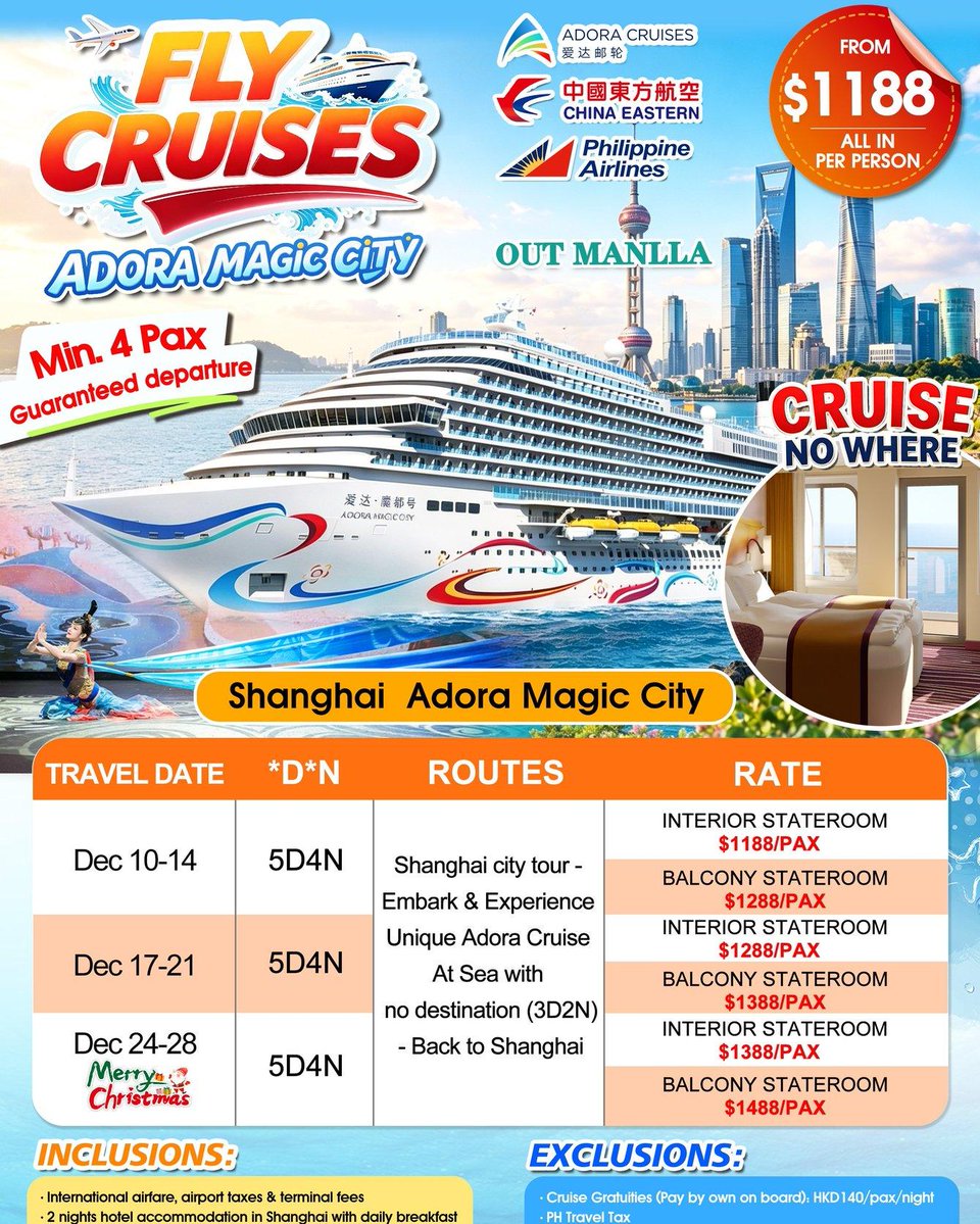 bellaco38's tweet photo. Shanghai Fly &amp; Cruise: Adora Magic City 5D4N from USD 1, 188/pax. Includes roundtrip airfare, 2 nights hotel, 3D2N cruise, unlimited dining, live shows, parties, and more. Terms and exclusions apply. https://t.co/WITkMHvMxV