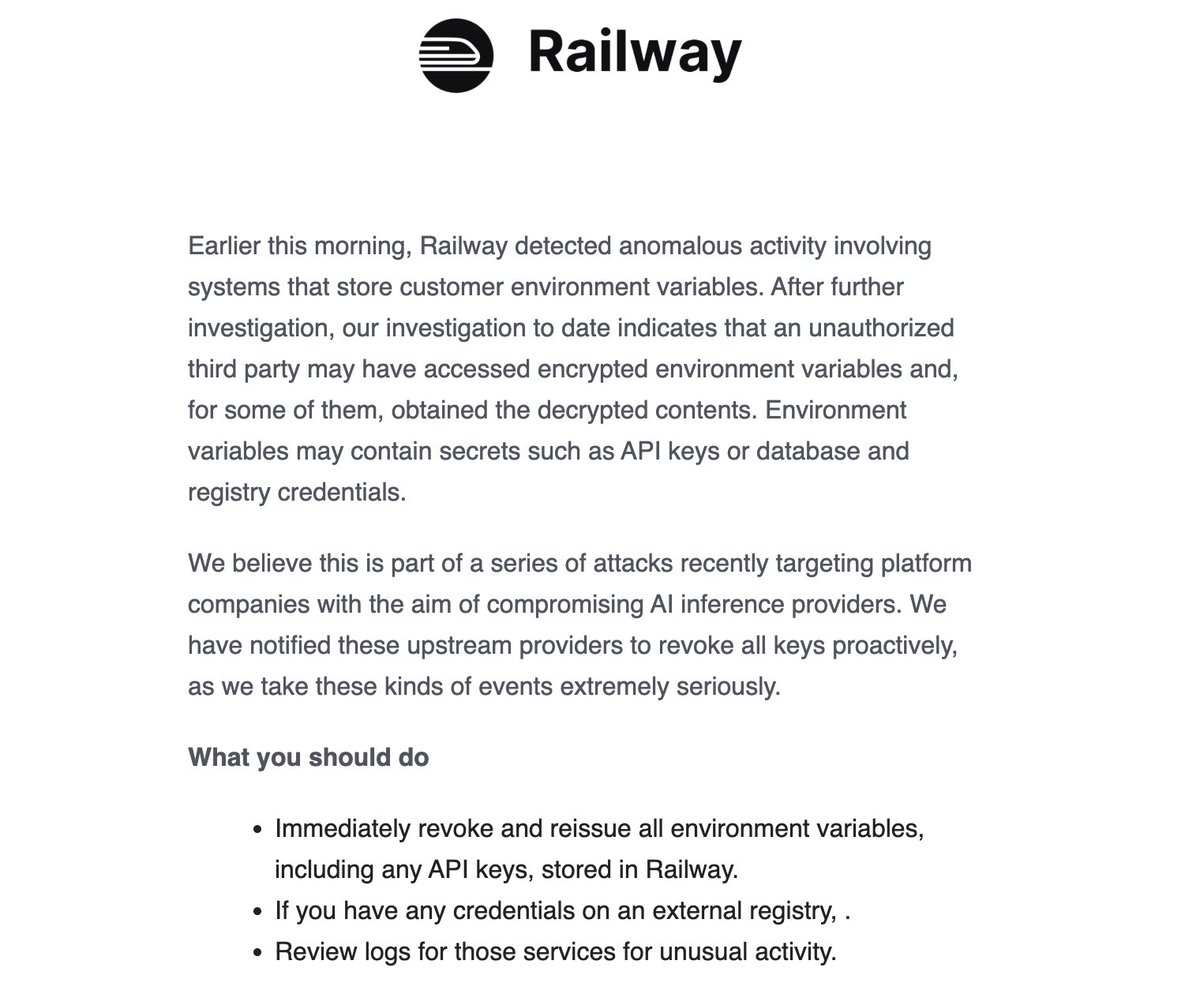 izadoesdev's tweet photo. oh for fuck's sake, not only was it down for a day, but all our environment variables are leaked, great https://t.co/WdfZDCmkfP