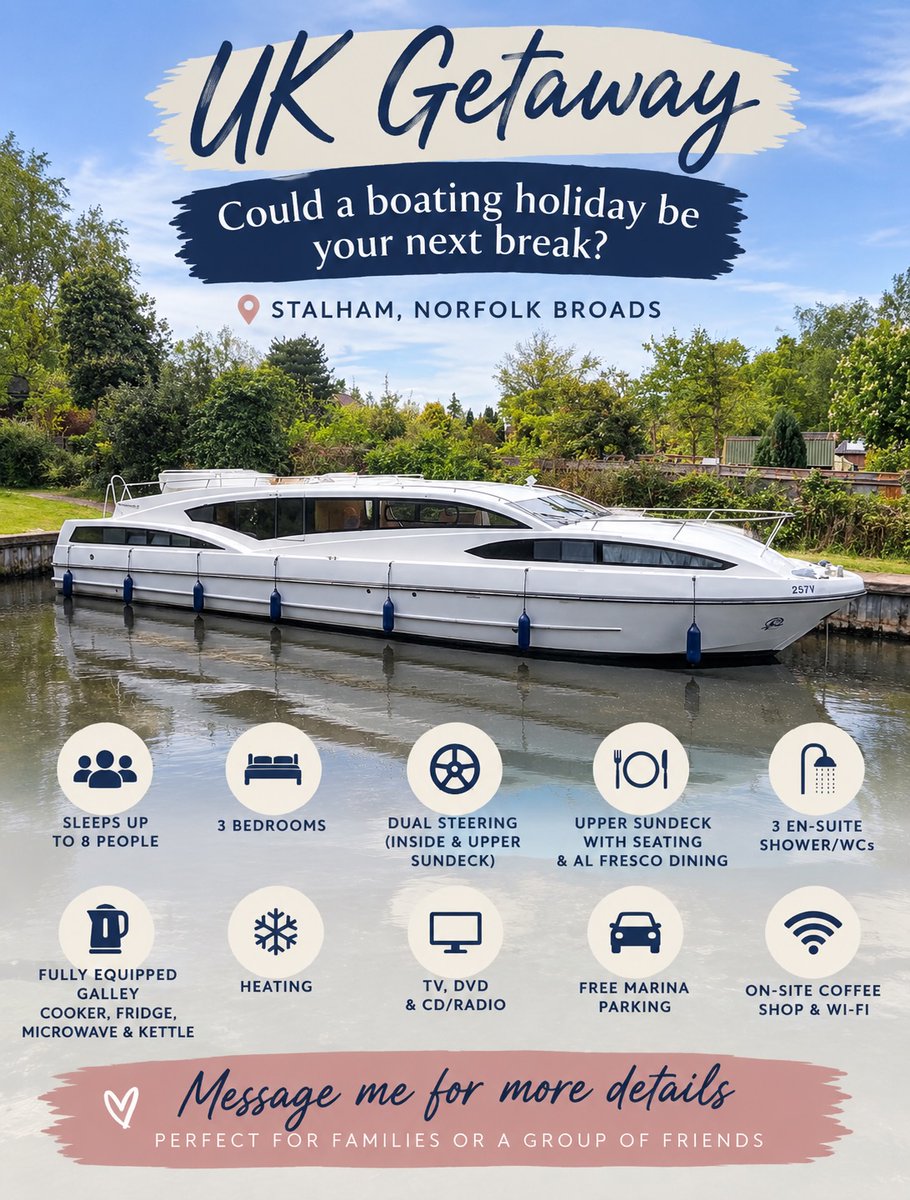 Maranoski's tweet photo. Commander, Norfolk Broads. Stalham, Norfolk. 9 October 2026, 2 nights. Sleeps 8, 3 bedrooms, £1, 322 total for 2 adults. Stylish cruiser with sundeck, 3 en-suites, heating and more. No licence or experience needed. Message for availability. https://t.co/VieI1ndzNa