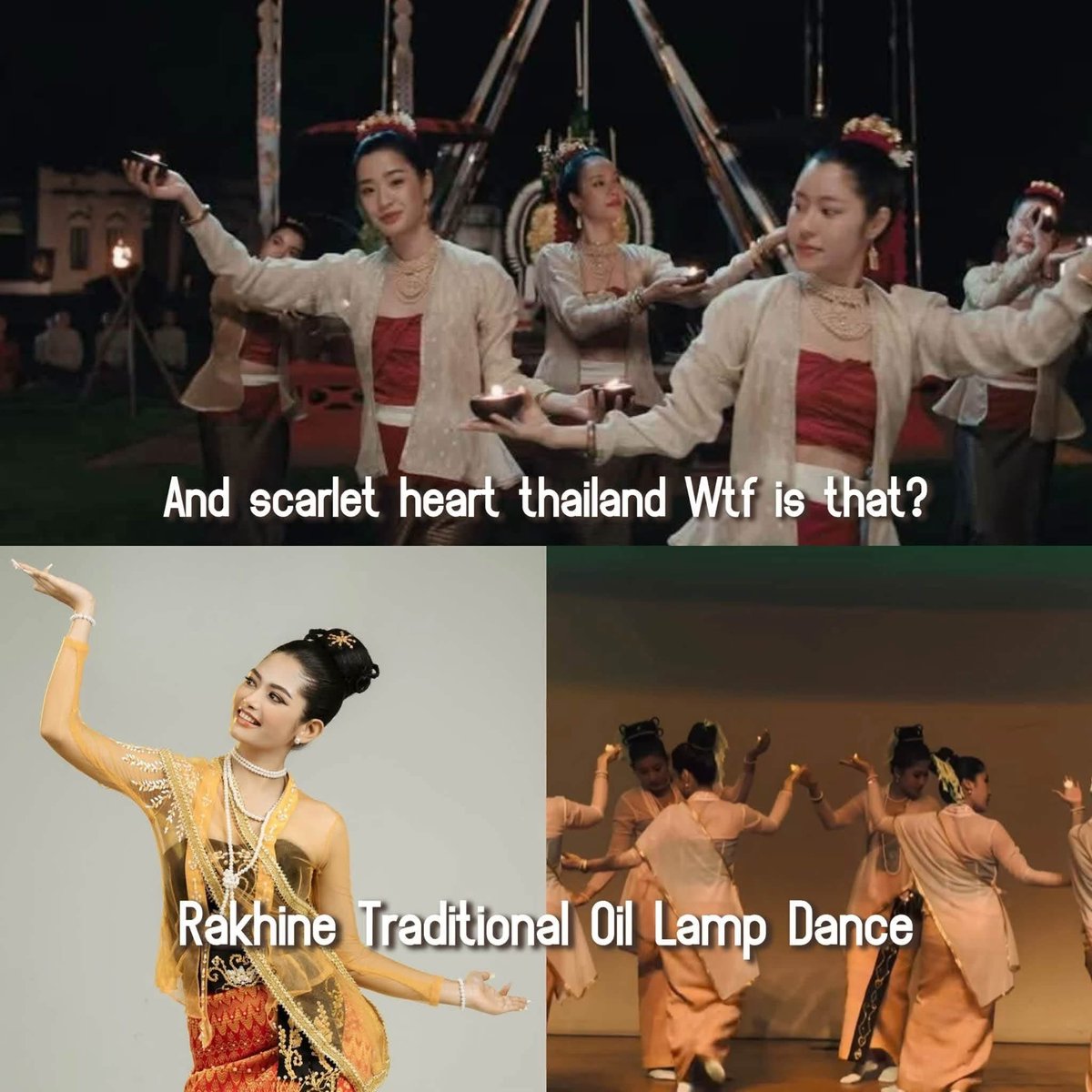ThidarHtun15's tweet photo. @WinmetawinO @winmetawin @GMMTV The traditional costumes and oil-lamp dance in Scarlet Heart Thailand resemble Myanmar ethnic traditions, especially the Rakhine Oil-Lamp Dance. Please respect our cultural heritage and clarify the origins.
#RakhineCulture #MyanmarCulturalHeritage
#RespectMyanmarCulture https://t.co/ByRhegvpVH