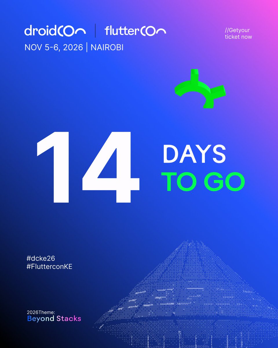 droidconke's tweet photo. Exactly 14 days out! โณ
Two weeks from today, #dcke26 and #flutterconke26 kick off at PrideInn Azure in Nairobi.
Connect with the engineers, architects, and teams building the future of mobile across Africa.
๐๏ธ Lock in your ticket: https://t.co/u9MBuyILdX
#BeyondStacks https://t.co/VHuO2n8j8n
