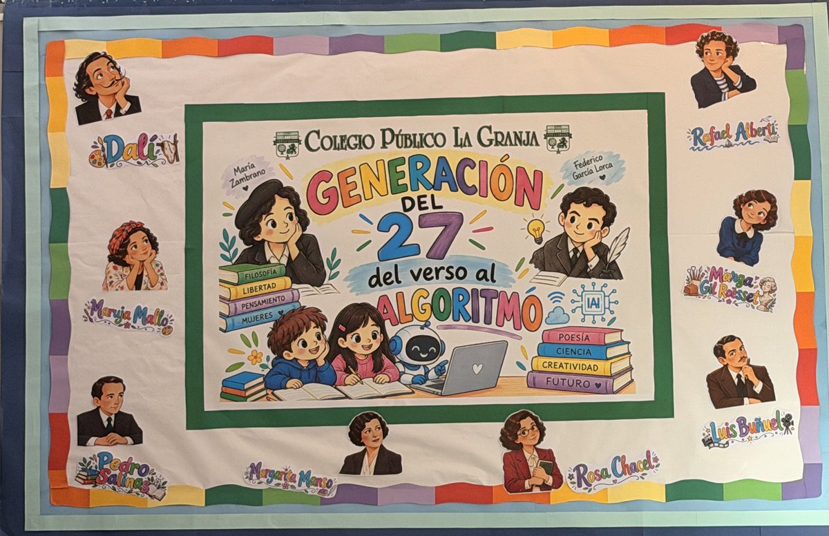 CeipLaGranja's tweet photo. Ya luce la gran pancarta del Proyecto Anual de Centro para este curso. Generación del 27: del verso al algoritmo. #ceiplagranjaTEQUEREMOS https://t.co/F3JK9rhU0o