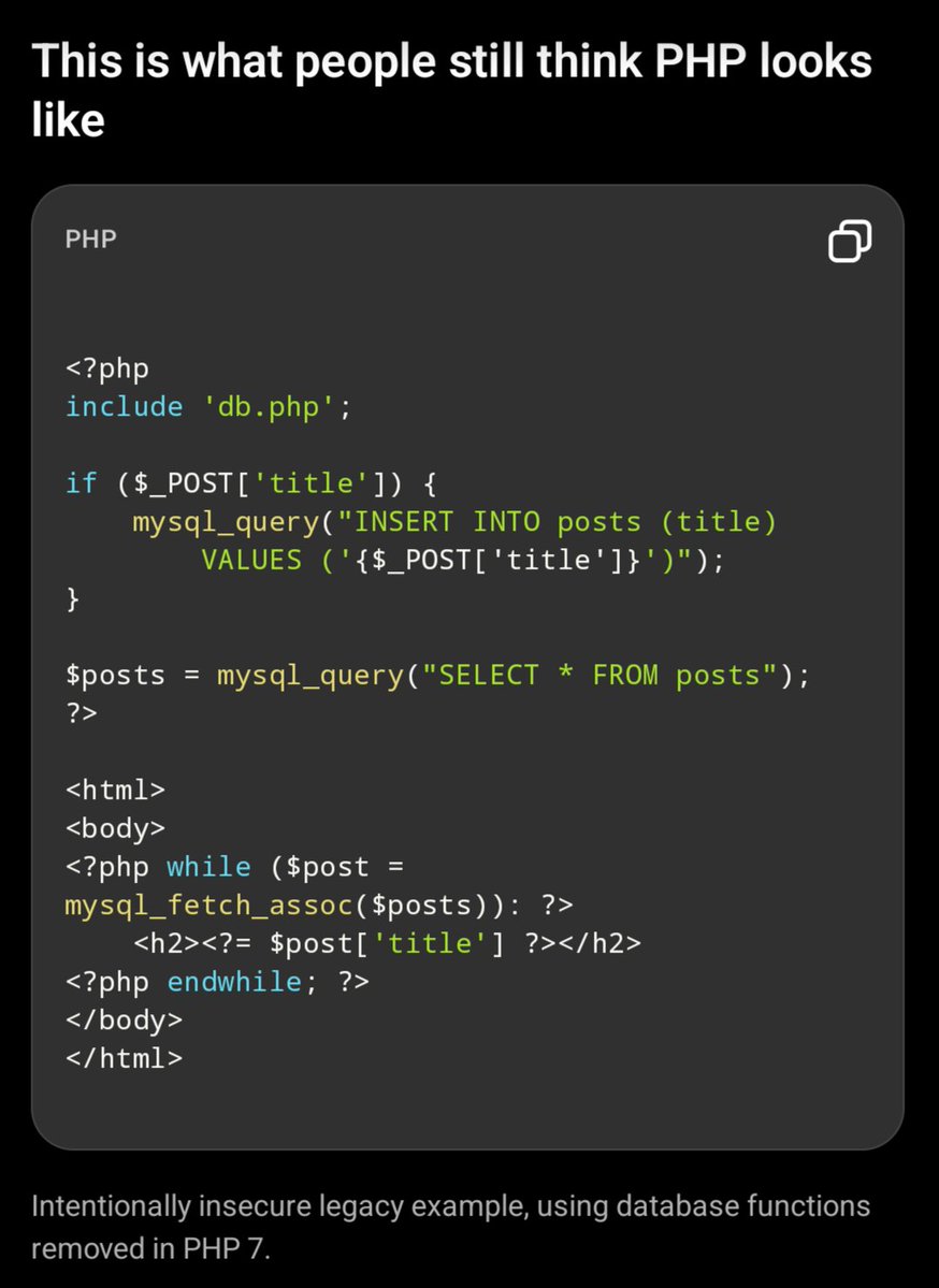 SeanPTalbot's tweet photo. Stop judging PHP by the spaghetti vomited out by the least skilled devs in 2005.

Modern PHP has strict typing, dependency injection, mature frameworks, proper separation of concerns, asynchronous processing, static analysis, and comprehensive testing.

Symfony and Laravel aren't accidents.

They're the result of decades of engineering influenced by the best of Ruby on Rails and .NET

Bad architecture isn't a language feature.

And PHP has evolved into a form considerably more intelligent than most of its haters.