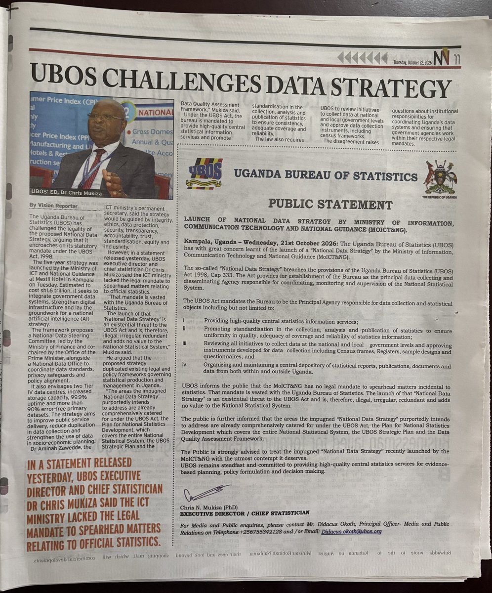 MrBusinge's tweet photo. The UBOS PRO, my brother Didacus, is in today's Daily Monitor telling the Ministry of ICT to stay in their lane.

Meanwhile, his boss, Chris Mukisa, is in today's New Vision challenging the Ministry of ICT's data strategy.

Uganda is special. 😂 https://t.co/TD2yuU4cwX