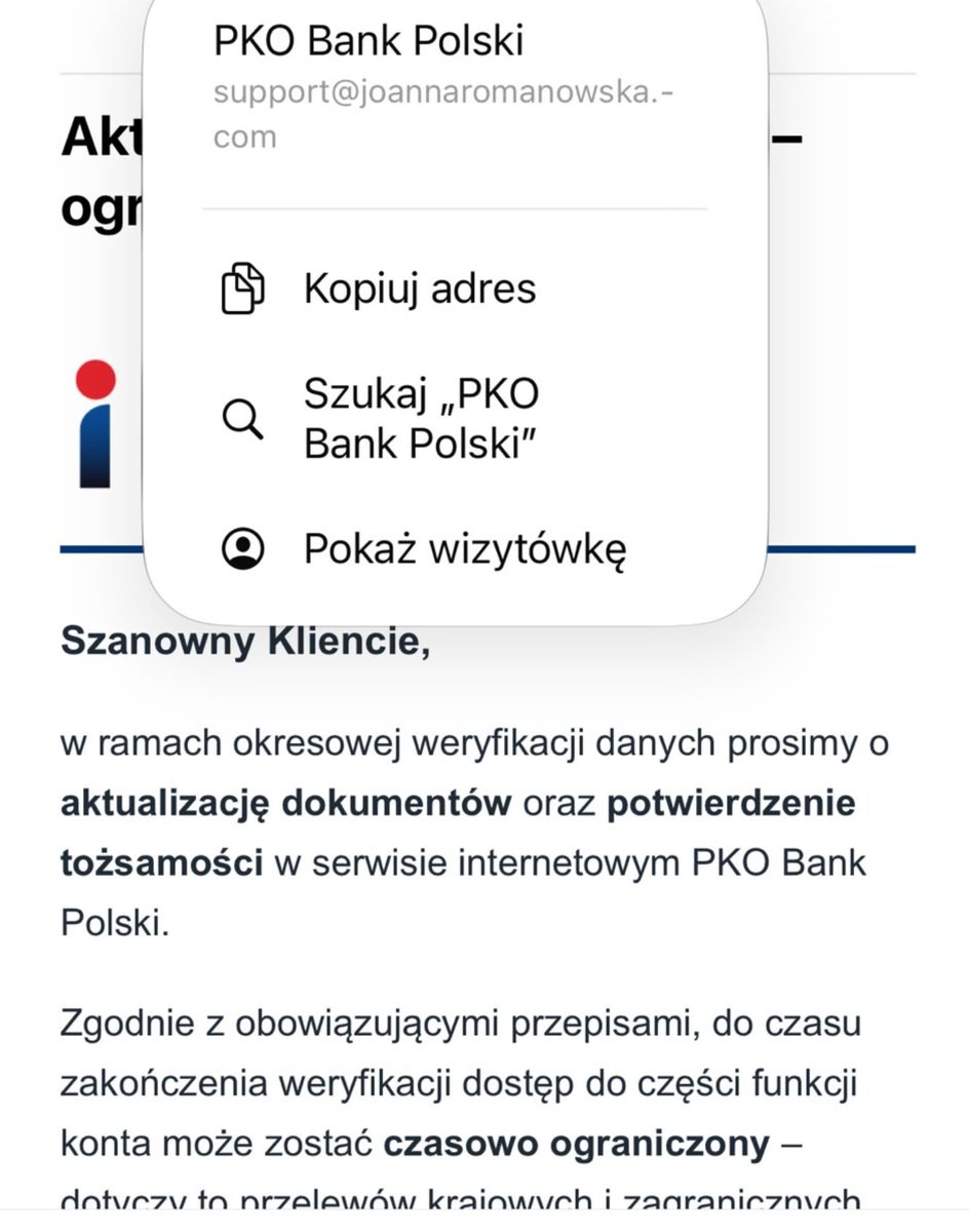 BithubPl's tweet photo. Przejęta skrzynka zombie udająca PKO Bank Polski rozsyła do klientów phishingowe maile z prośbą o "aktualizacje dokumentów" i "potwierdzenie tożsamości". 

To SCAM @PKOBP https://t.co/LU9hDYiUD7