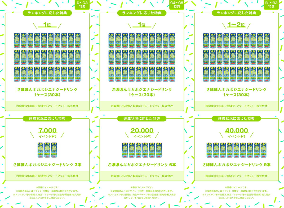 iriam_event's tweet photo. 【予告🏳#さぼぼんギガポジ大作戦！】
D~C3／C4~C5／B1~B3／A1~A3／S1~S3

さぼぼんの「ポジティブ足りてる？」ギフトが
まさかの実物に⁉️

所定のイベントpt達成で
『さぼぼんエナドリ』が獲得できます🎉

さらに上位入賞で
1ケース(30本)をまるごとお届け！

みんなでポジティブをチャージしよう🌼🪇 https://t.co/U3gjdfeA7x