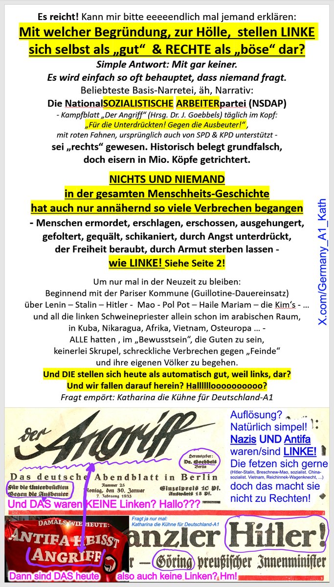 Germany_A1_Kath's tweet photo. Eine der "#OmasGegenRechts" weniger.
Pietät verdienen DIE nicht.
Also (das Meiste hier, weil dort "Perlen vor die Säue"):
Sie hatte offenbar ein langes, und dank #MÄNNER'n feines Leben. Die vielen #Kinder & Jugendlichen & weit jüngeren Erwachsenen, die durch die auch von EUCH massiv unterstützte Massen-#Invasion ermordet oder durch linkes / migrantisches Mobbing bis Vergew*ltigung psychisch für immer zerstört wurden, hatten/haben das nicht.
Und ausgerechnet IHR wohlstands-dekadenten Hy...-Rudel (mit euren feinen Pensionen & Renten, die dank EURER linken Politik euren Kindern & Enkel verwehrt bleiben werden) erwartet MITGEFÜHL?
HALLLLOOOOO?
Indem ihr als Straßen-Gangs der #ReGIERung gegen die OPPOSITION kämpft,
im Grundsatz genau wie einst SA & SS unter Euren LINKEN Gesinnungs-KomplizInnen der NationalSOZIALISTISCHEN ARBEITERpartei D.,
fördert ihr #FASCHISMUS.
Doch DAS werdet ihr wohl bis zum letzten Atemzug verleugnen.
Da sich Linkinnens, natürlich inkl. Femischistinnen, immer feige (im Bewusstsein, keine tragfähigen Argumente zu haben) jeder fairen Diskussion entziehen,
geht mein Dank an Elon Musk & X, dass man Euch wenigstens so mal eine andere - auf VERNUNFT & FAKTEN, statt auf hirnbefreiter Scheinmoral, basierende - Sicht der Dinge entgegen stellen kann.
P.s.: Meine Memes & Flyer werden PAUSCHAL vom Algo geblurrt - nix Anstößiges;
einfach klicken - lesen - NACHDENKEN!
(Wer von Euch "Omas" das noch rudimentär kann...)