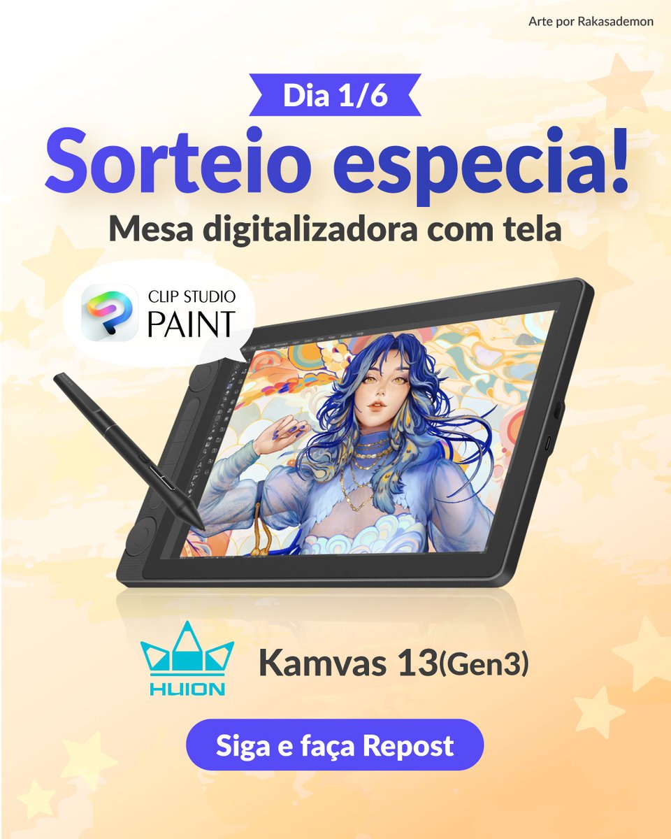 clipstudiopaint's tweet photo. 🎁 Vamos sortear produtos HUION(@HuionTab) para 6 pessoas! ✨

Serão 6 ganhadores, um por dia!

Siga nossa conta e reposte esta publicação. Você pode participar quantas vezes quiser!

Começa em 22/10, às 5h (BRT), com sorteios diários no mesmo horário.

Participe até 28/10, às 5h (BRT)!