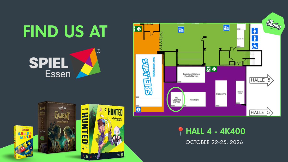 NoLoadingGames_'s tweet photo. 🎲🇩🇪 #Spiel26 starts today!

Our team is ready to kick off four days of board gaming in Essen, Germany!

Come say hi, check out Cyberpunk: Edgerunners – HUNTED, PAC-MAN: Craze Maze, and Gwent! We've even marked our spot on the map to help you find us. 😉

📍 Hall 4, Booth 4K400 https://t.co/iWyoVLOhyy