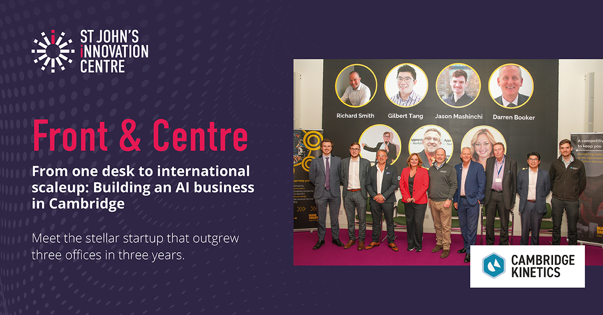StJohnsCentre's tweet photo. Front &amp; Centre series: #Cambridge Kinetics

From one desk to a team of 10, @CamKinetics has grown from its base here at the Centre into an award-winning AI business with clients across Europe and the US.

Read the story: https://t.co/y5PD2sI5Mj

@kinabase https://t.co/BZ8IKUM8nK