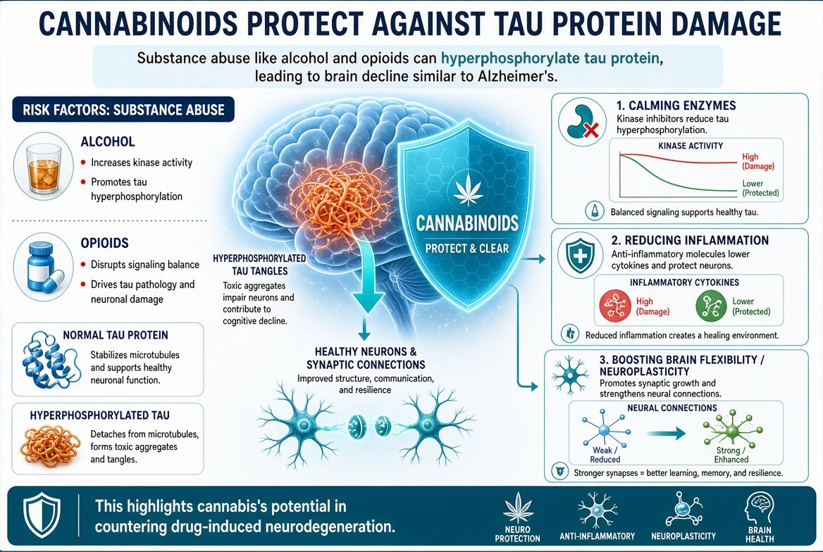 marclanders's tweet photo. Cannabinoids Protect Against Tau Protein Damage  

Substance abuse like alcohol and opioids can hyper phosphorylate tau protein, leading to brain decline similar to Alzheimer's.  

But cannabinoids may protect by calming enzymes, reducing inflammation, and boosting brain flexibility (neuro plasticity).  

This highlights cannabis's potential in countering drug-induced neuro degeneration.
https://t.co/k2bPBrDBts