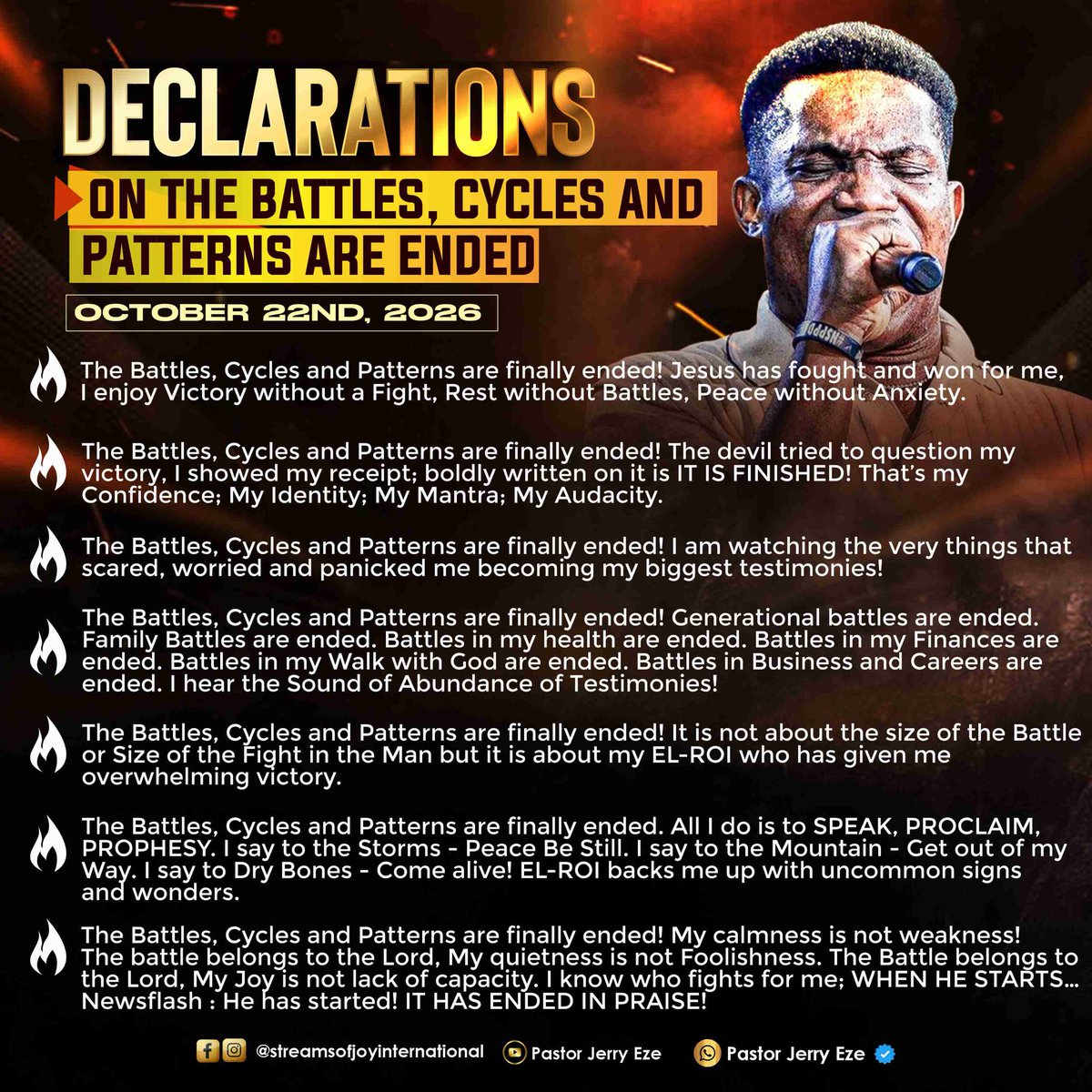 streamsofjoyHQ's tweet photo. NSPPDIANS LET’S DECLARE AND SEE HIGHLIGHTS 👇🏻

Revelation 19:1 
And after these things I heard a great voice of much people in heaven, saying, Alleluia; Salvation, and glory, and honour, and power, unto the Lord our God:

Revelation 5:9 
And they sung a new song, saying, Thou art worthy to take the book, and to open the seals thereof: for thou wast slain, and hast redeemed us to God by thy blood out of every kindred, and tongue, and people, and nation;

Revelation 5:5 
And one of the elders saith unto me, Weep not: behold, the Lion of the tribe of Juda, the Root of David, hath prevailed to open the book, and to loose the seven seals thereof.

Isaiah 60:20
 Thy sun shall no more go down; neither shall thy moon withdraw itself: for the LORD shall be thine everlasting light, and the days of thy mourning shall be ended.

Psalms 60:12 
Through God we shall do valiantly: for he [it is that] shall tread down our enemies.

Psalms 24:7-8
 Lift up your heads, O ye gates; and be ye lift up, ye everlasting doors; and the King of glory shall come in. Who [is] this King of glory? The LORD strong and mighty, the LORD mighty in battle.

Numbers 23:23
 Surely [there is] no enchantment against Jacob, neither [is there] any divination against Israel: according to this time it shall be said of Jacob and of Israel, What hath God wrought!

1 John 4:4
 Ye are of God, little children, and have overcome them: because greater is he that is in you, than he that is in the world.

Revelation 18:2 
And he cried mightily with a strong voice, saying, Babylon the great is fallen, is fallen, and is become the habitation of devils, and the hold of every foul spirit, and a cage of every unclean and hateful bird.

Isaiah 9:2
The people that walked in darkness have seen a great light: they that dwell in the land of the shadow of death, upon them hath the light shined.

Luke 10:18 
And he said unto them, I beheld Satan as lightning fall from heaven.

Colossians 2:14 
Blotting out the handwriting of ordinances that was against us, which was contrary to us, and took it out of the way, nailing it to his cross;

Proverbs 23:18
 For surely there is an end; and thine expectation shall not be cut off.

Isaiah 54:15 
Behold, they shall surely gather together, [but] not by me: whosoever shall gather together against thee shall fall for thy sake.

Romans 8:37
 Nay, in all these things we are more than conquerors through him that loved us.

Ezekiel 37:5 
Thus saith the Lord GOD unto these bones; Behold, I will cause breath to enter into you, and ye shall live:

Isaiah 61:3
 To appoint unto them that mourn in Zion, to give unto them beauty for ashes, the oil of joy for mourning, the garment of praise for the spirit of heaviness; that they might be called trees of righteousness, the planting of the LORD, that he might be glorified.

Luke 4:8 
And Jesus answered and said unto him, Get thee behind me, Satan: for it is written, Thou shalt worship the Lord thy God, and him only shalt thou serve.

Zechariah 1:18-19 
Then lifted I up mine eyes, and saw, and behold four horns. And I said unto the angel that talked with me, What [be] these? And he answered me, These [are] the horns which have scattered Judah, Israel, and Jerusalem.

Deuteronomy 4:24 
For the LORD thy God [is] a consuming fire, [even] a jealous God.

Exodus 14:15 
And the LORD said unto Moses, Wherefore criest thou unto me? speak unto the children of Israel, that they go forward:

1 John 3:8 
He that committeth sin is of the devil; for the devil sinneth from the beginning. For this purpose the Son of God was manifested, that he might destroy the works of the devil.

Isaiah 50:8
 [He is] near that justifieth me; who will contend with me? let us stand together: who [is] mine adversary? let him come near to me.

1 Samuel 5:3 
And when they of Ashdod arose early on the morrow, behold, Dagon [was] fallen upon his face to the earth before the ark of the LORD. And they took Dagon, and set him in his place again.
