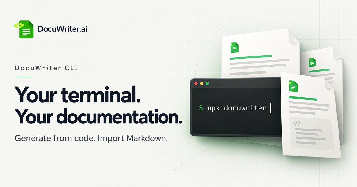 docuwriterai's tweet photo. Start from a local folder with npx docuwriter.

Generate codebase docs or import Markdown, then continue in a Space.

CLI uploads are snapshots; they don't enable Autopilot.

https://t.co/1KILpKJ56t https://t.co/oByntVHJh4