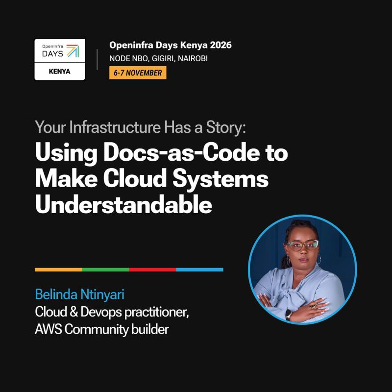 Openinfrake_UG's tweet photo. Meet one of our speakers at OpenInfra Days Kenya 2026: Belinda Ntinyari.

Belinda is a cloud and DevOps practitioner focused on building and explaining practical cloud infrastructure. 

She works with AWS, Infrastructure as Code, Terraform, Docker and software development, with a particular interest in automation, maintainability and developer experience. 

She is an AWS Community Builder in the Serverless category and contributes to the cloud community through technical sessions, mentorship and hands-on projects.

Her talk: Your Infrastructure Has a Story: Using Docs-as-Code to Make Cloud Systems Understandable.

Behind every VPC, database or deployment pipeline are decisions about architecture, security, trade-offs and how the system should be operated. 

Yet documentation is often written after the fact and quickly goes out of date. 

Belinda will show how documentation can live alongside infrastructure code and benefit from version control, code review, automation, architecture diagrams and decision records.

What should good infrastructure documentation answer? 

What does the system look like, how is it deployed, why was it designed this way, what happens when something goes wrong, and how can another engineer safely change it?

If you are a developer, cloud engineer or operator who wants systems that others can understand and take over, this one is for you.

6-7 November 2026, Node NBO, Nairobi.

Get your ticket:
https://t.co/WQUDBSQt3n

#OpenInfraDaysKenya #DocsAsCode
#CloudInfrastructure #DevOps #Terraform #AWS
 #WomenInTech #Nairobi #Kenya