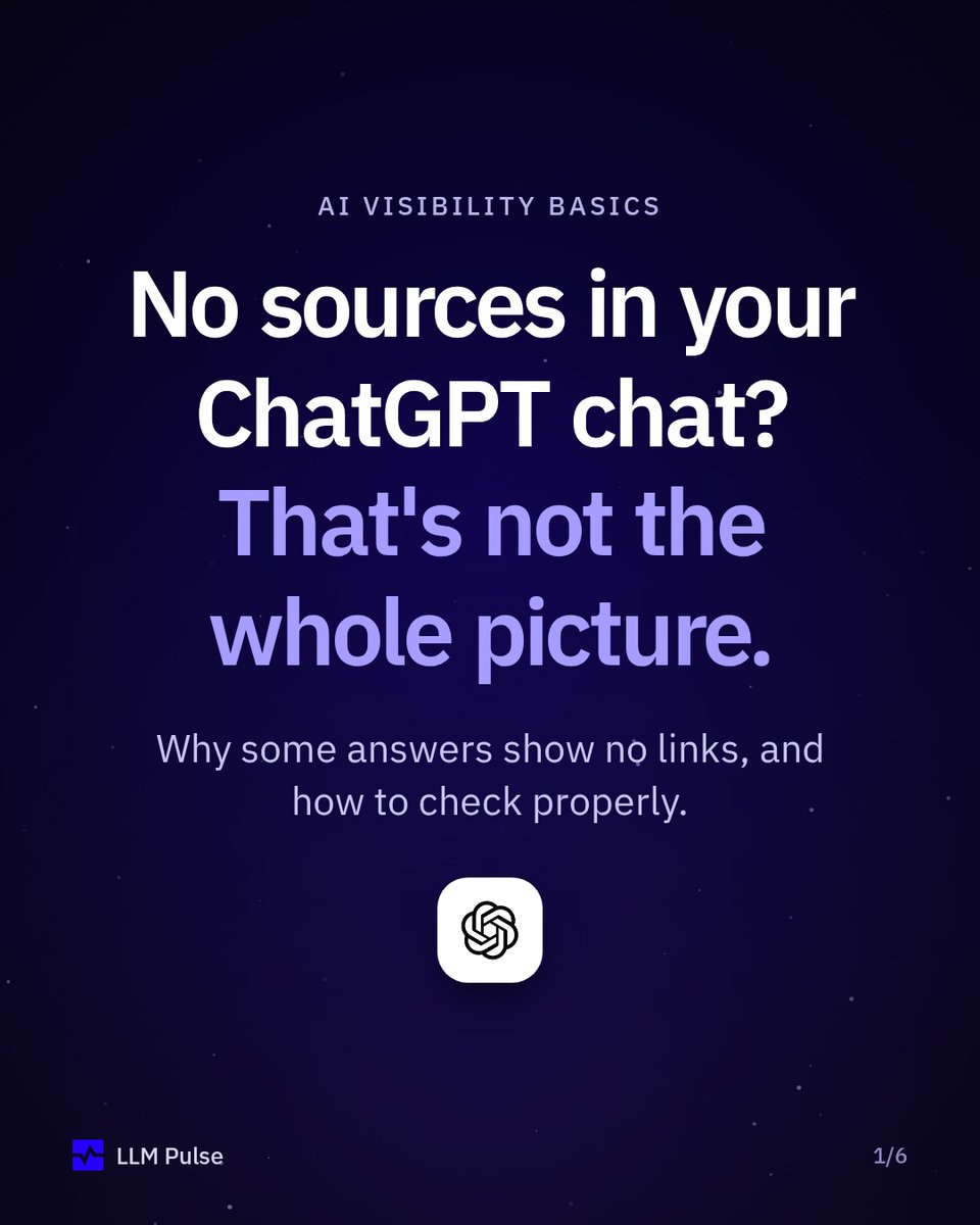 LLMPulse's tweet photo. Asked ChatGPT about your category and got no sources? It doesn't search the web for every answer, and one chat is one response.

Ask the same questions in several AI models, count mentions as well as citations, and repeat on a schedule. https://t.co/7sBuaYPyCB