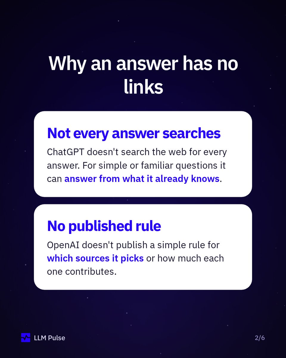 LLMPulse's tweet photo. Asked ChatGPT about your category and got no sources? It doesn't search the web for every answer, and one chat is one response.

Ask the same questions in several AI models, count mentions as well as citations, and repeat on a schedule. https://t.co/7sBuaYPyCB